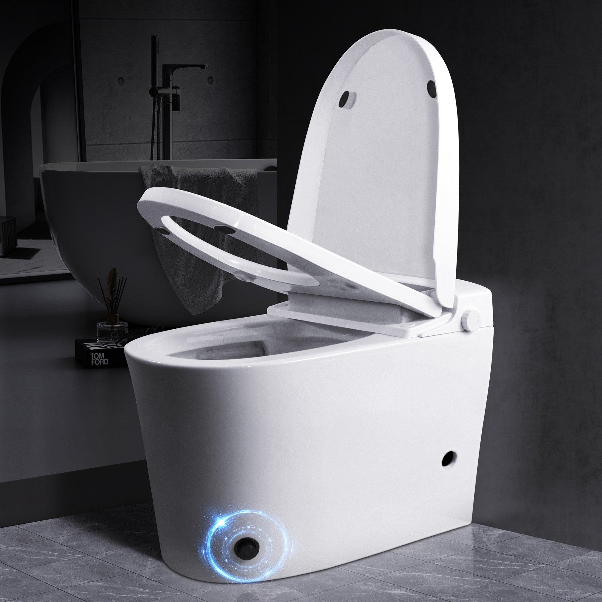 Non-Electric Toilet with Foot-Pedal Flush, Feminine & Posterior Wash Functions, No Electricity Needed, Includes Angle Valve & Flange Kit