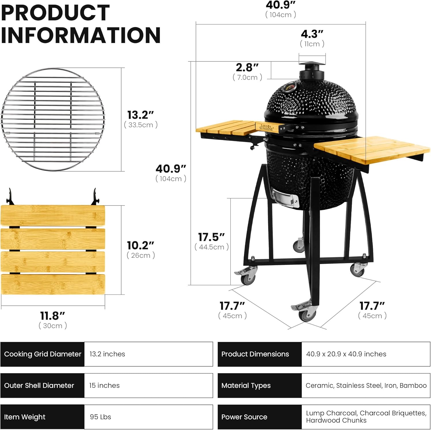 15-inch Ceramic Kamado Charcoal BBQ Grill & Smoker with Locking Casters, Foldable Side Shelves, Stainless Steel Grates, and Tall Stand