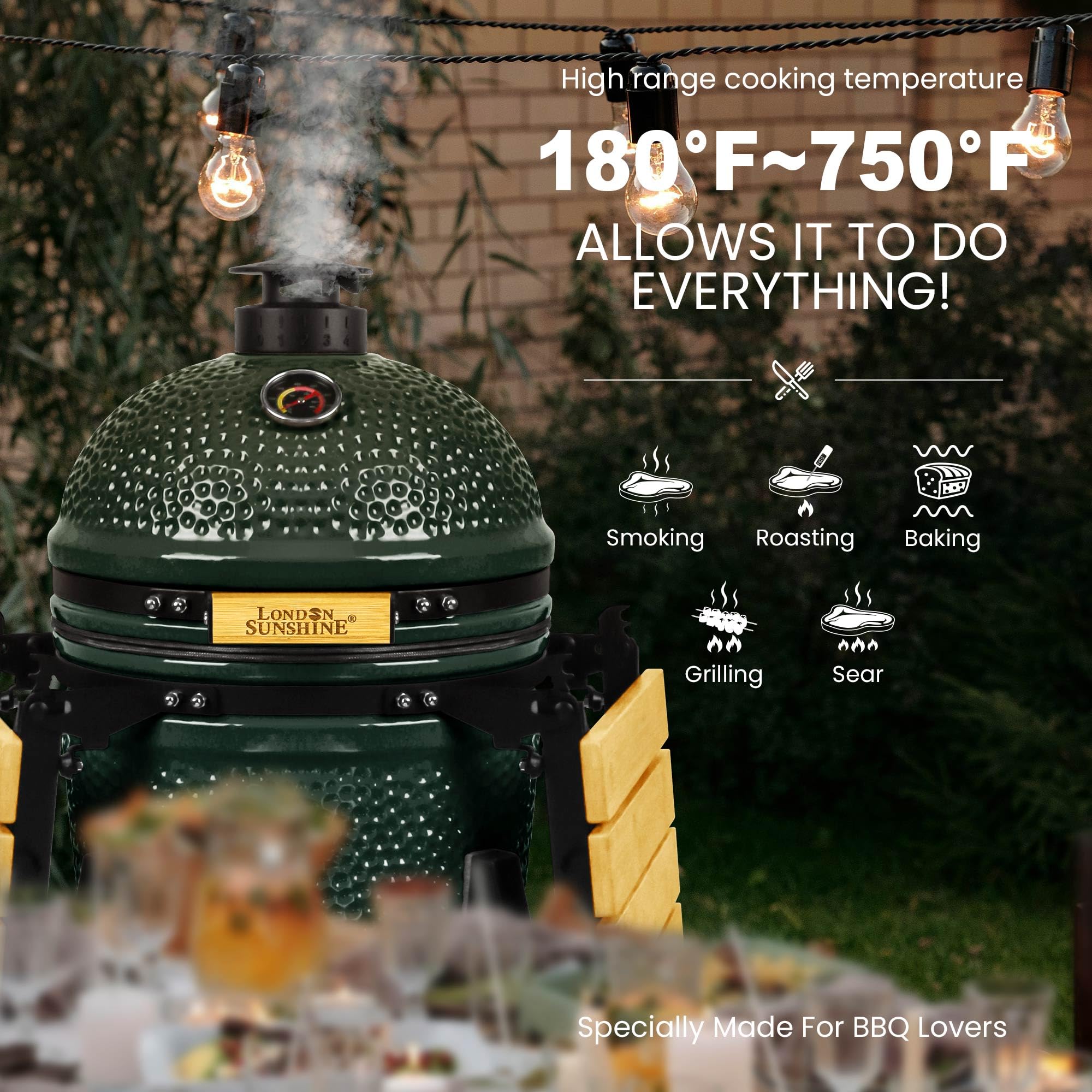 15-inch Ceramic Kamado Charcoal BBQ Grill & Smoker with Locking Casters, Foldable Side Shelves, Stainless Steel Grates, and Tall Stand