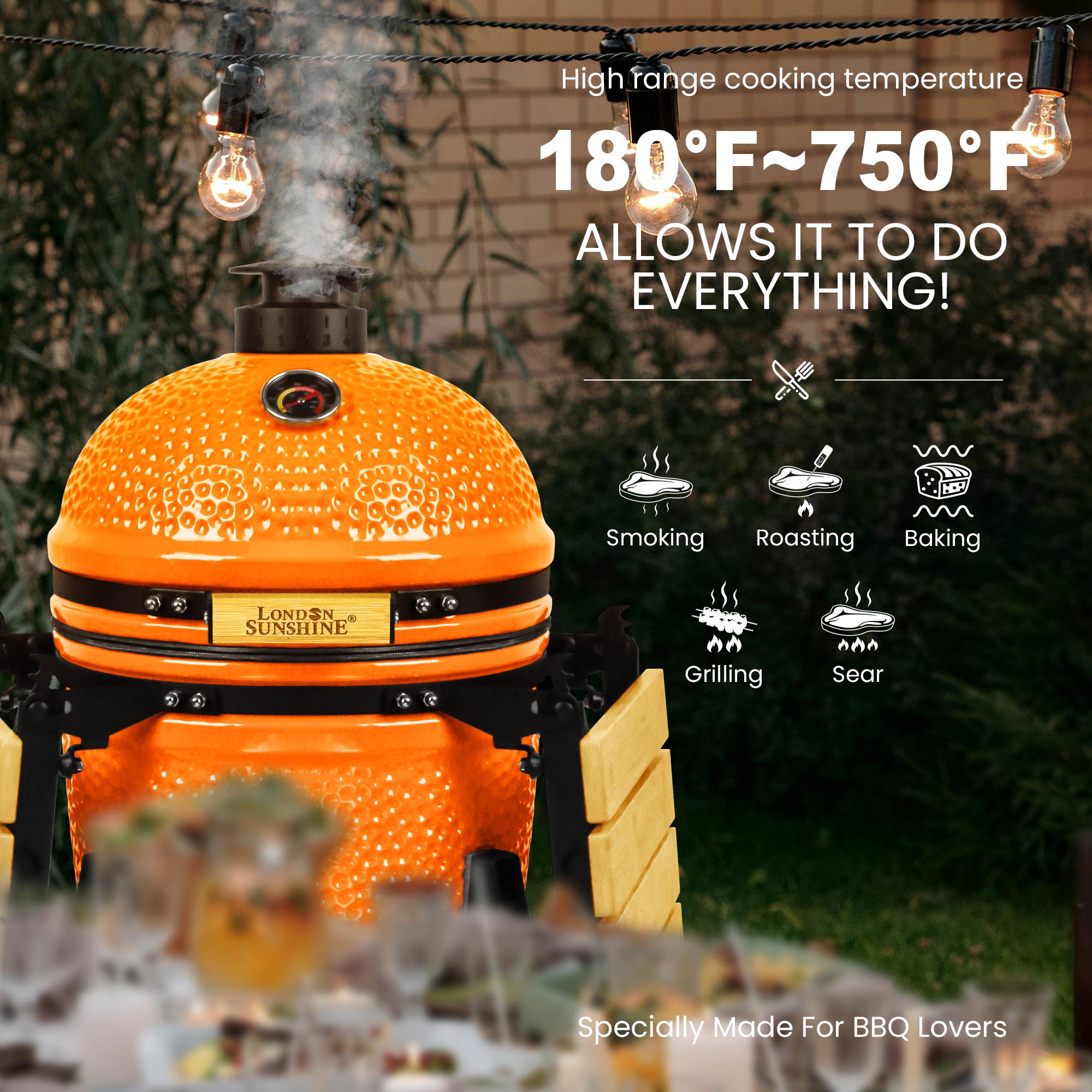 London Sunshine Kamado - The Junior Pro Series with Locking Casters, Foldable Side Shelves, Stainless Steel Grates, and Tall Stand