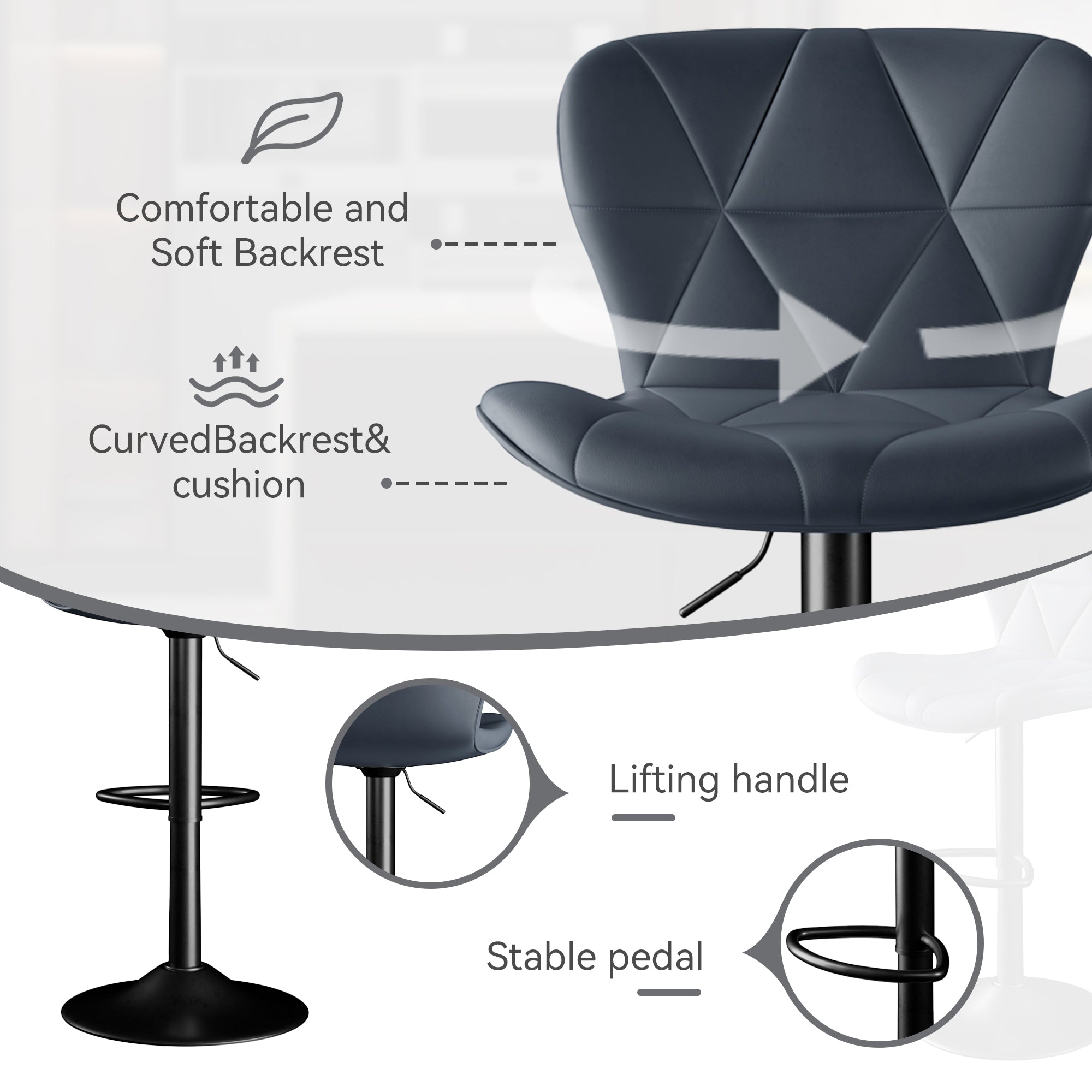 Set of 2 Adjustable Faux Leather Swivel Bar Stools for Kitchen Island  - FU01034