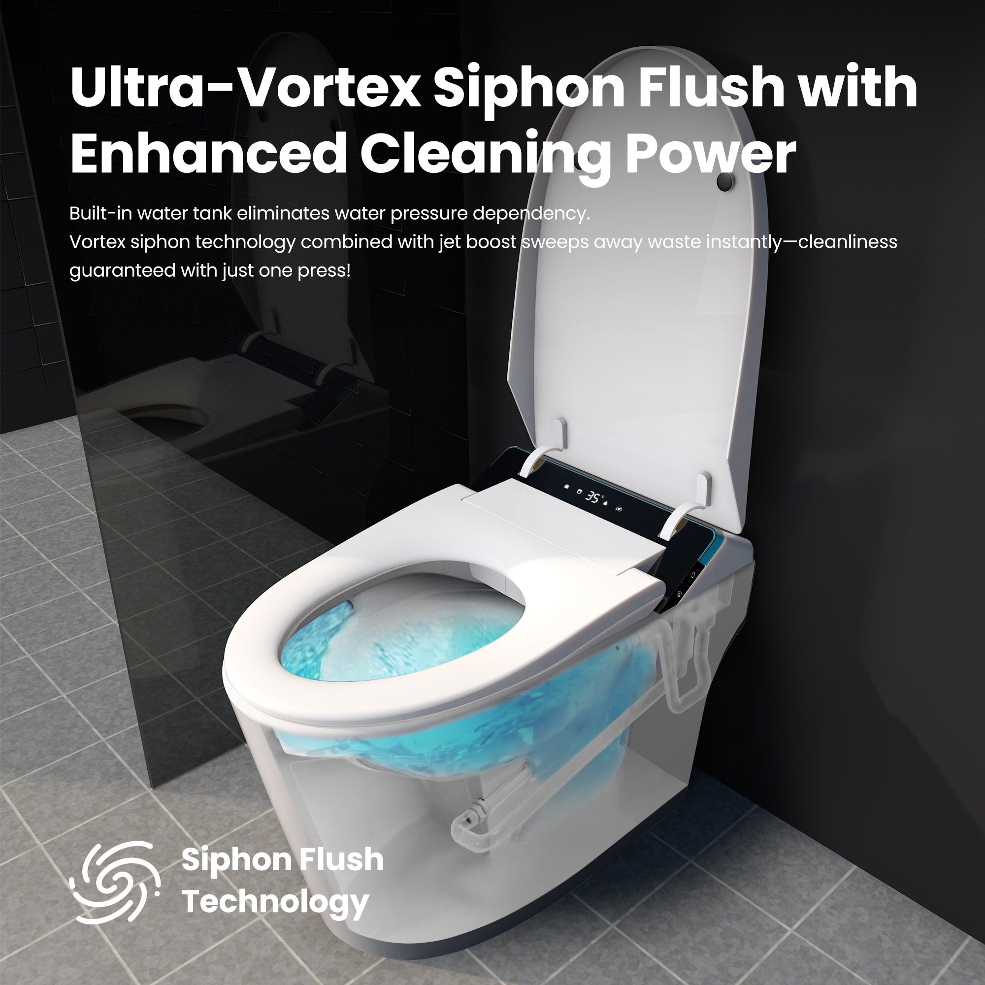 Smart Bidet Toilet with Heated Seat & Auto-Flush System - Foot Sensor Control, Adjustable Wash Modes, Built-In Water Tank for Low Pressure Homes
