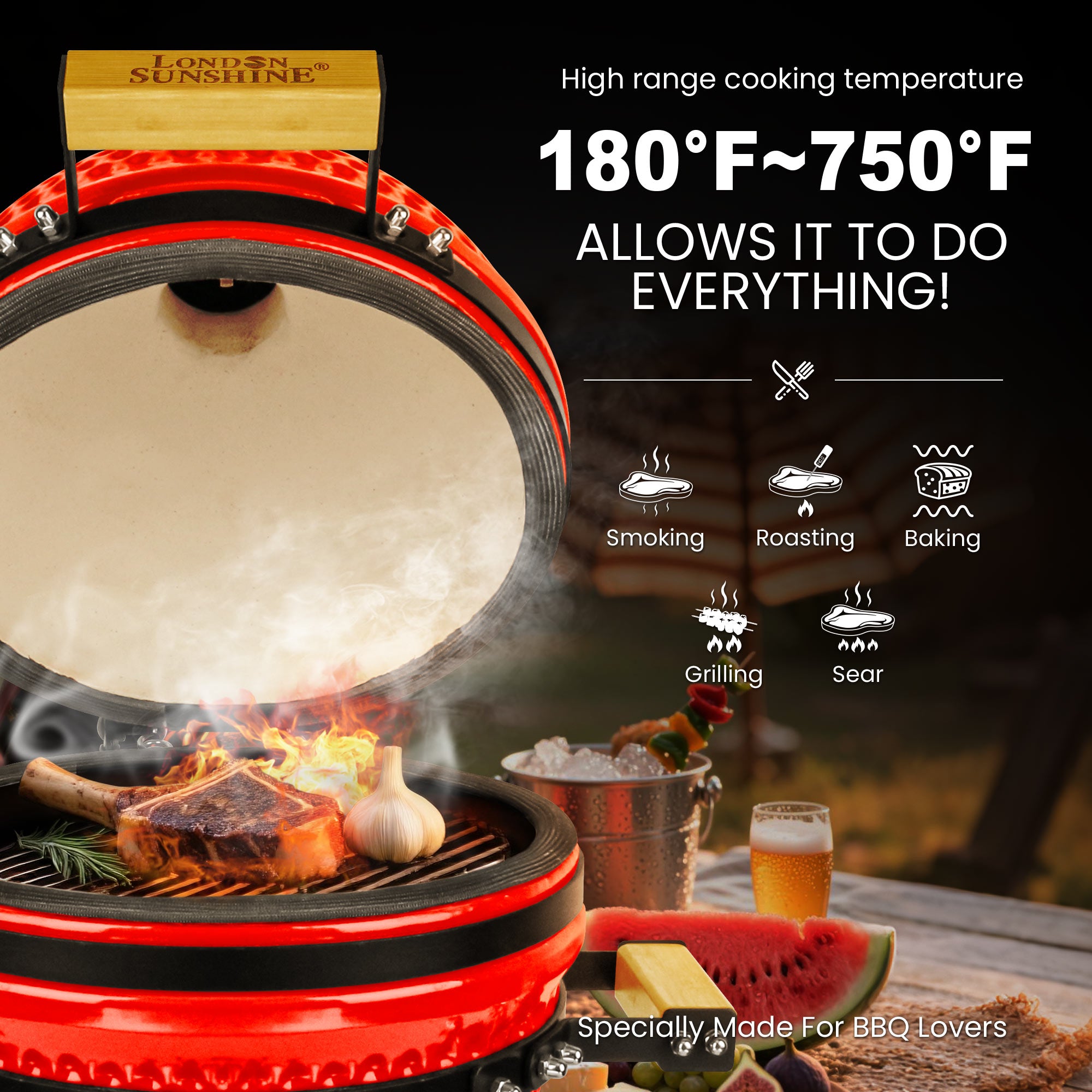 Upgraded 13 inch Ceramic Kamado Grill with Waterproof Air Vent Cap | Portable Tabletop Charcoal BBQ Grill Smoker for Outdoor Cooking, Patio, Camping