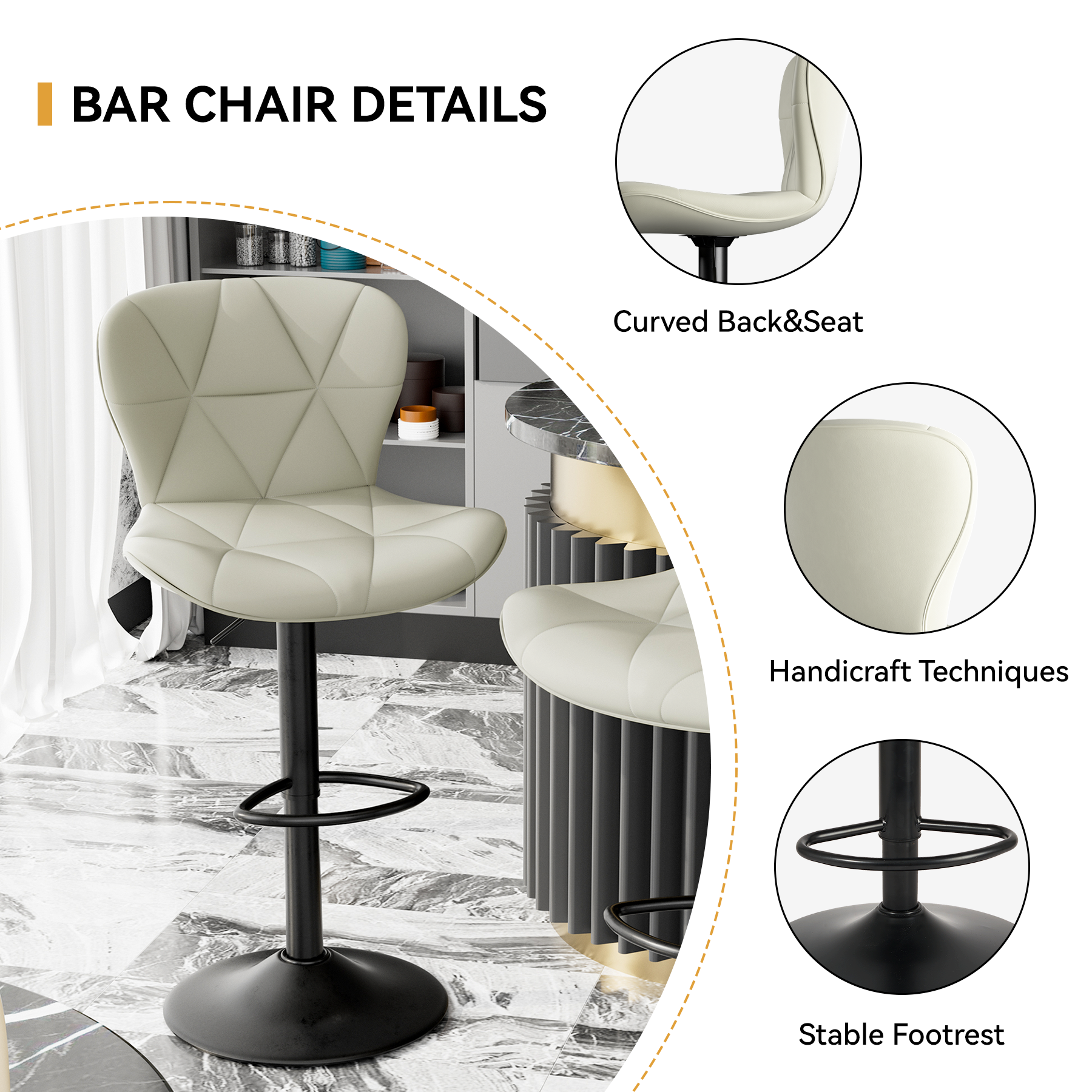 Set of 2 Adjustable Faux Leather Swivel Bar Stools for Kitchen Island  - FU01034