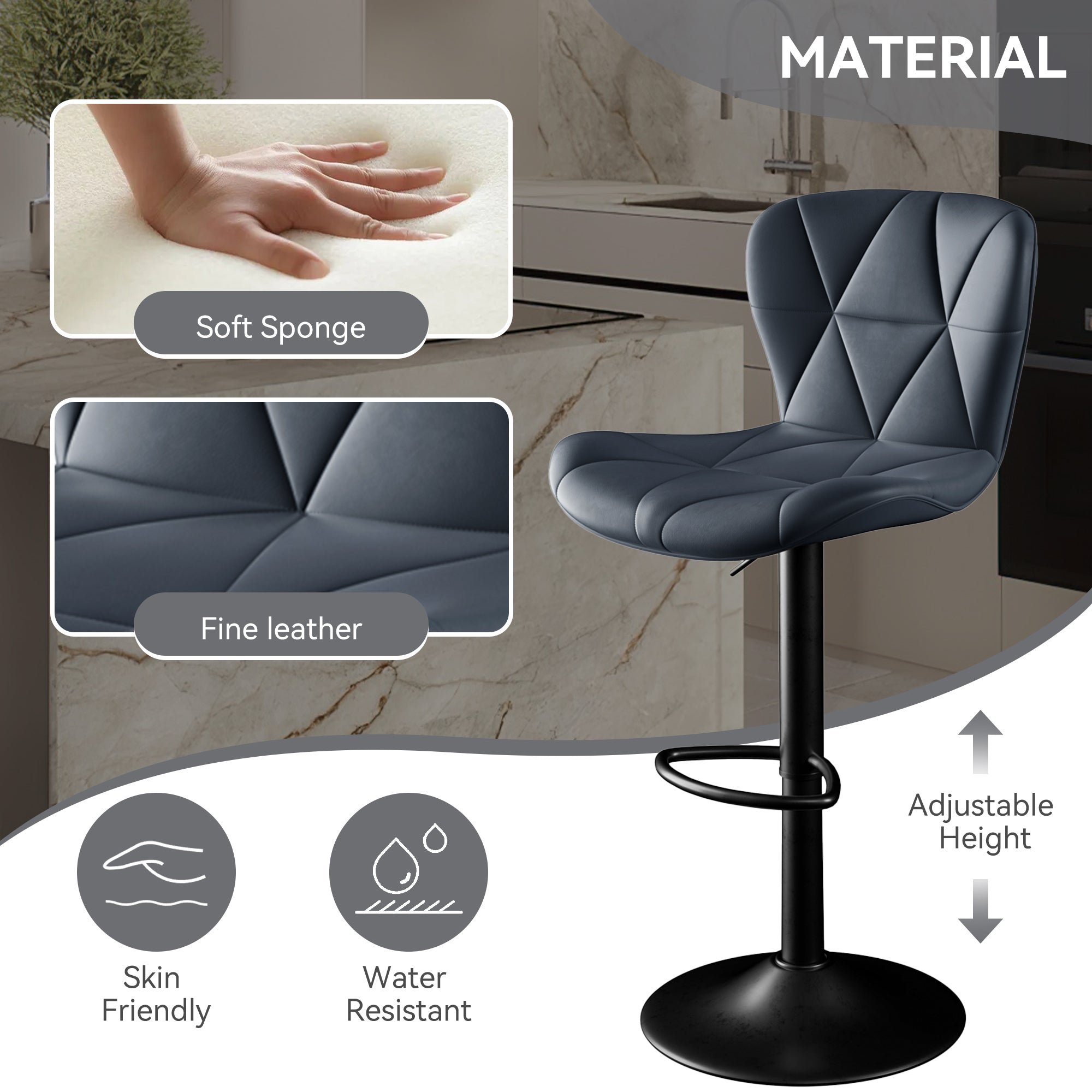 Set of 2 Adjustable Faux Leather Swivel Bar Stools for Kitchen Island  - FU01034