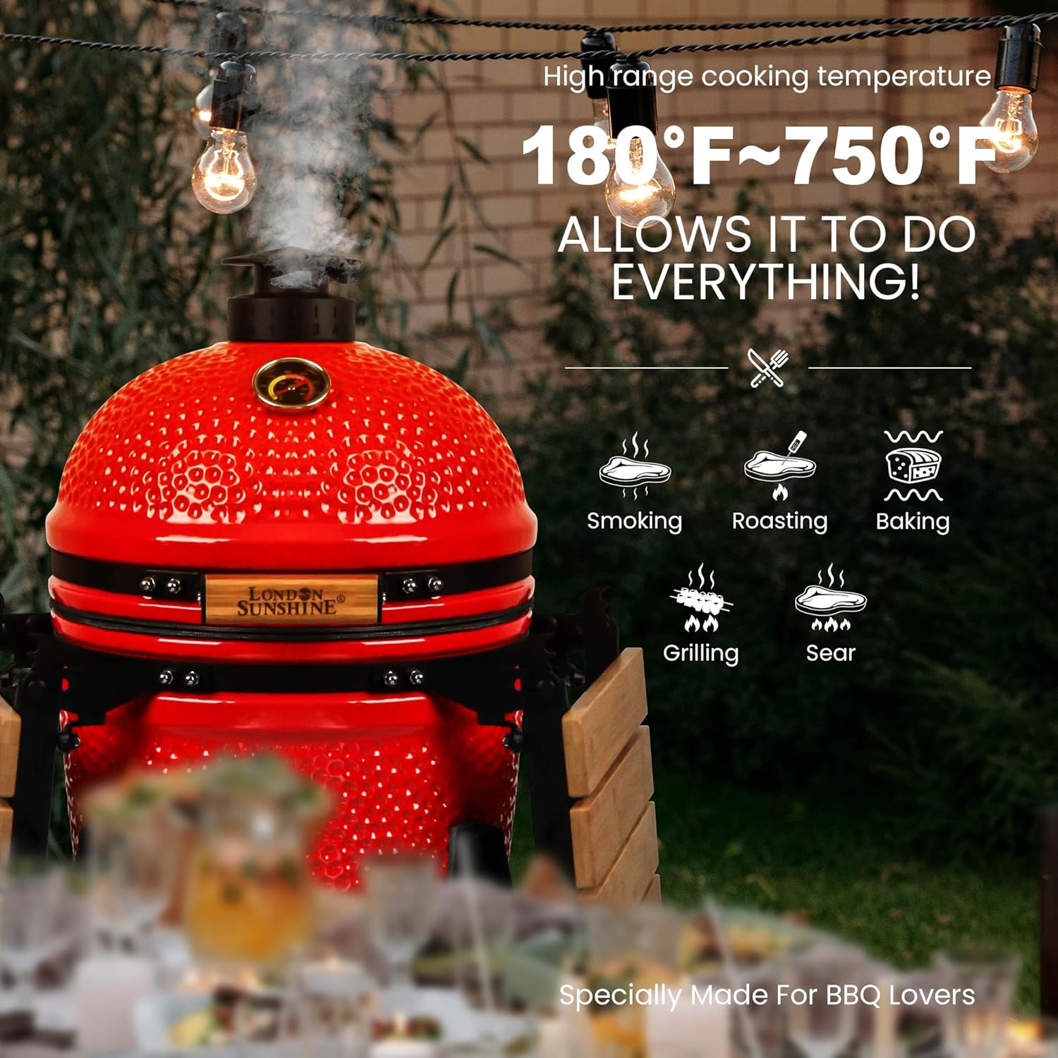 15-inch Ceramic Kamado Charcoal BBQ Grill & Smoker with Locking Casters, Foldable Side Shelves, Stainless Steel Grates, and Tall Stand