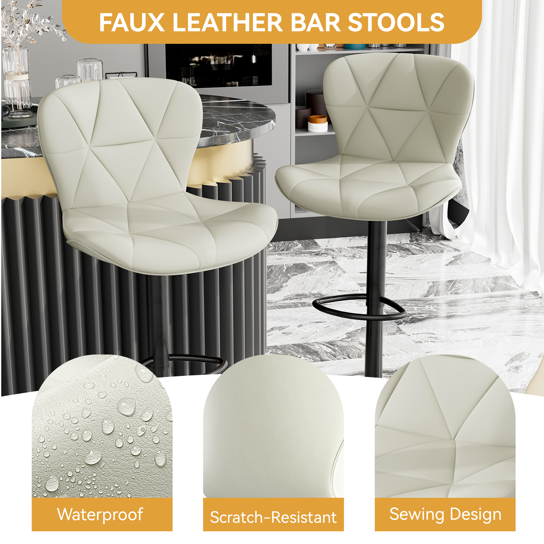 Set of 2 Adjustable Faux Leather Swivel Bar Stools for Kitchen Island  - FU01034