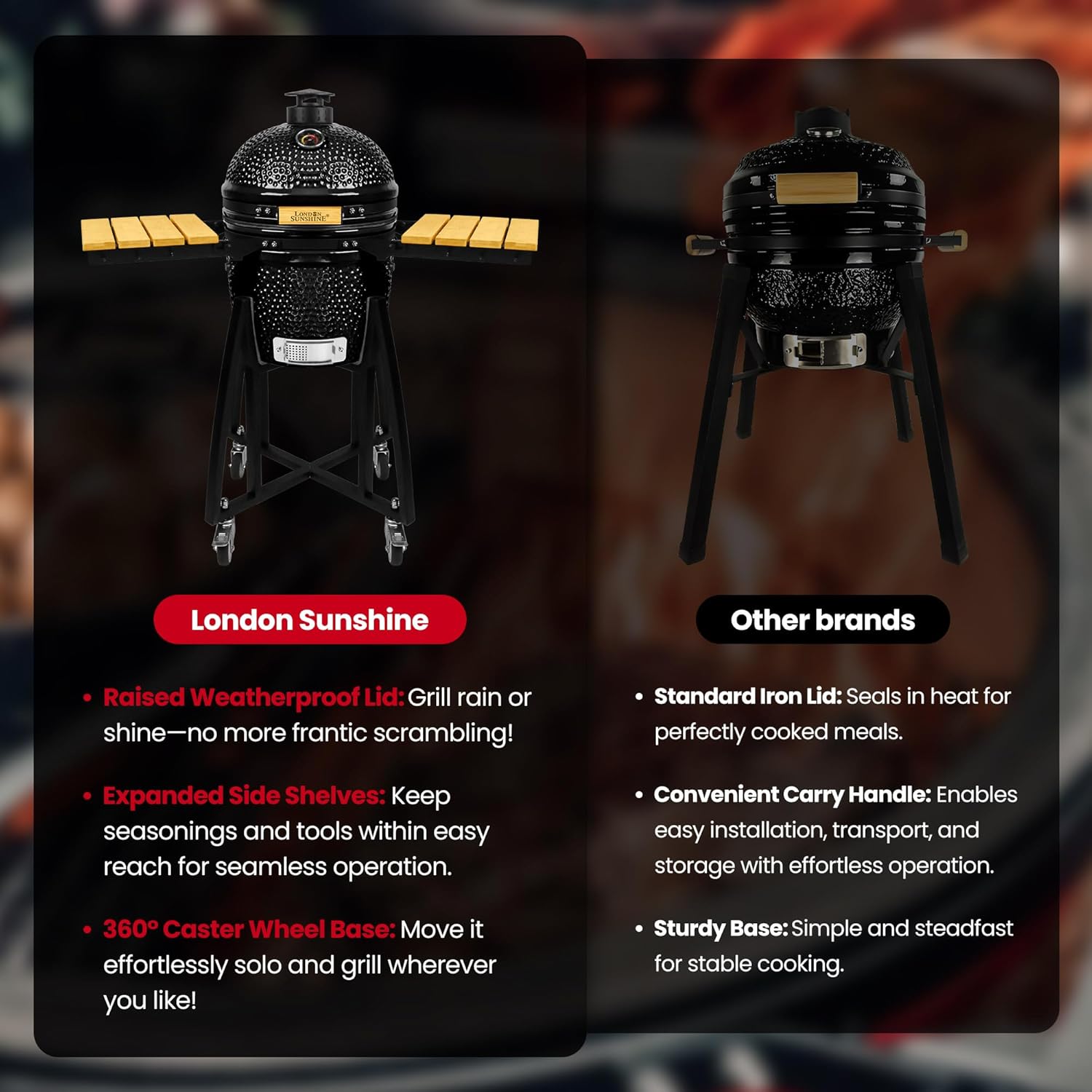 15-inch Ceramic Kamado Charcoal BBQ Grill & Smoker with Locking Casters, Foldable Side Shelves, Stainless Steel Grates, and Tall Stand