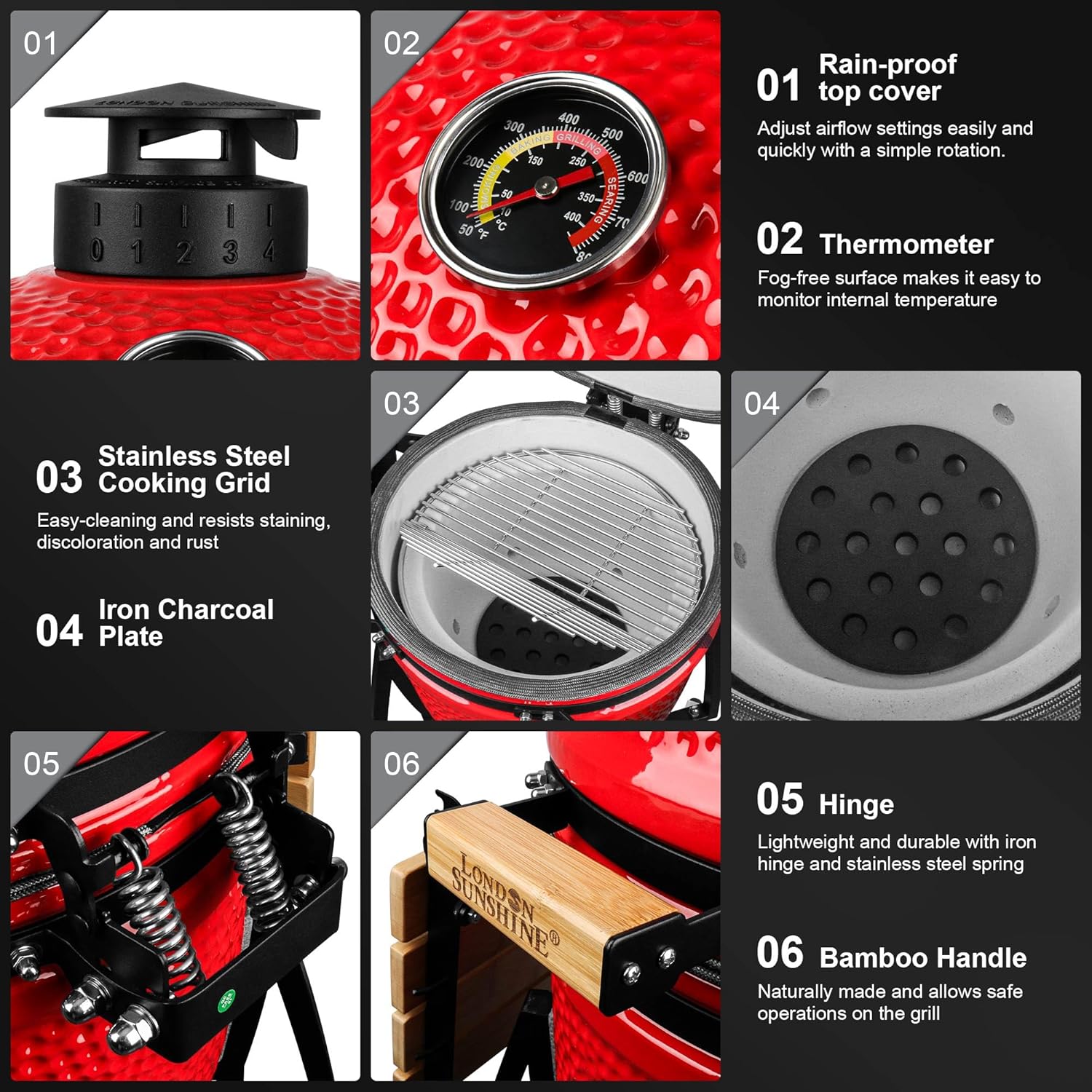 15-inch Ceramic Kamado Charcoal BBQ Grill & Smoker with Locking Casters, Foldable Side Shelves, Stainless Steel Grates, and Tall Stand