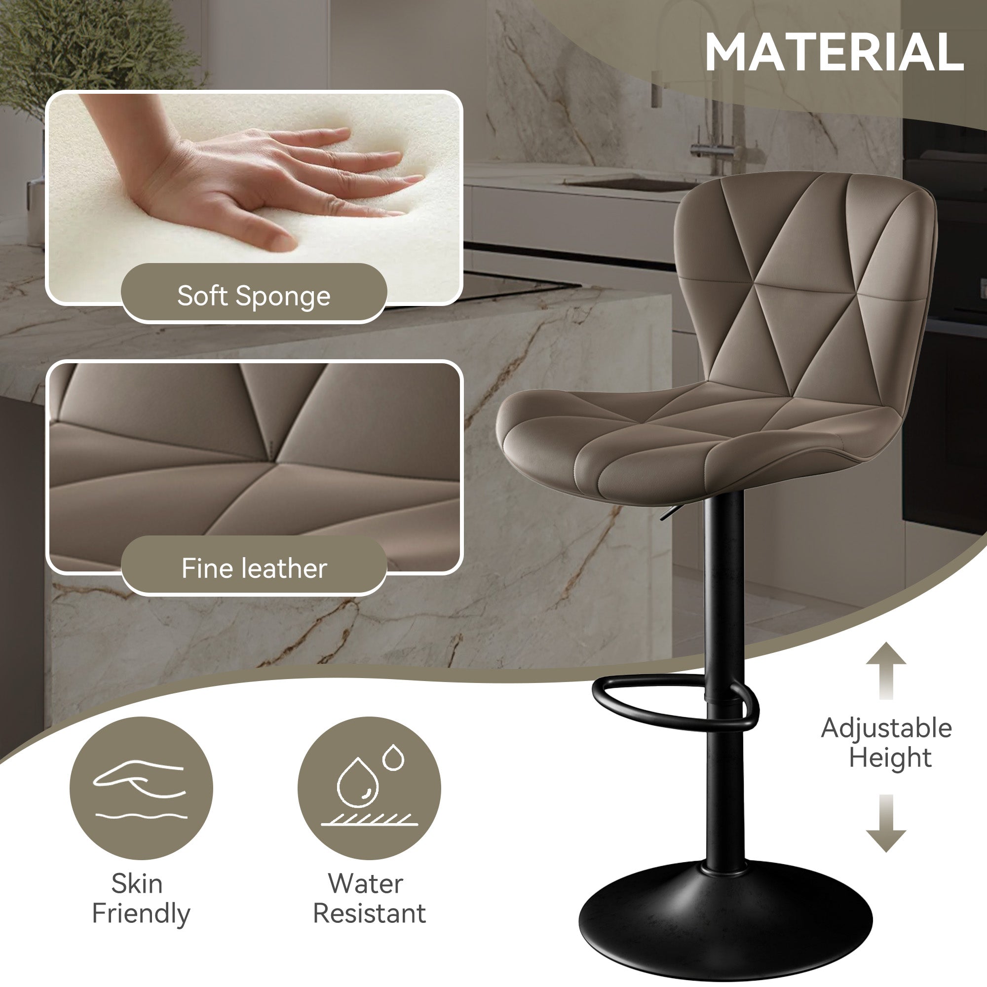 Set of 2 Adjustable Faux Leather Swivel Bar Stools for Kitchen Island  - FU01034